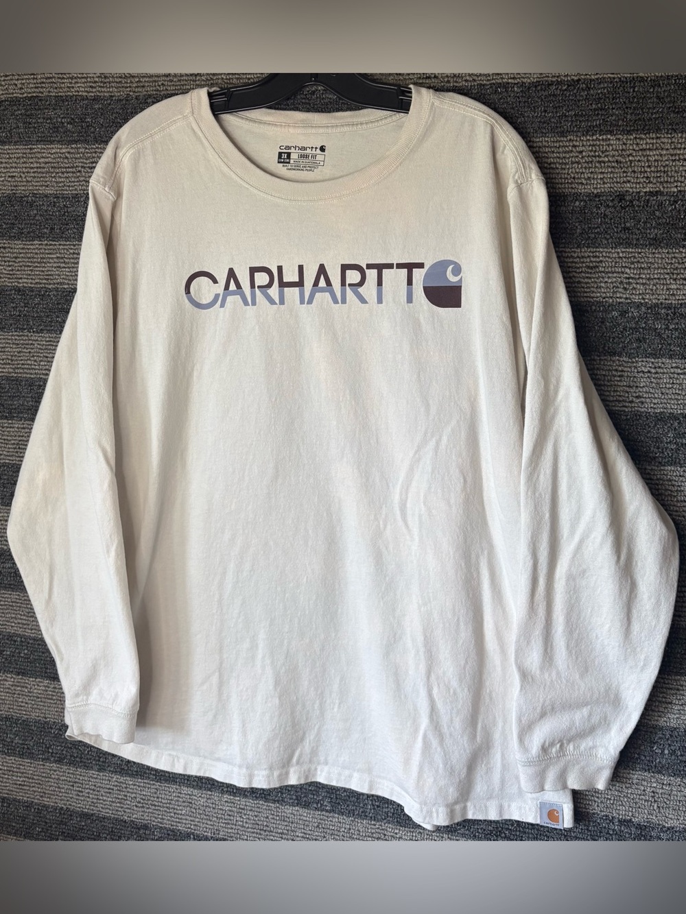 Carhartt Cream Loose Fit Long Sleeve Logo Tee with Blue/Brown Accent Women’s 3X